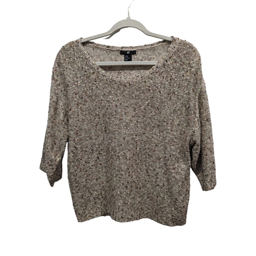 H&M Scoop Neck Metallic Knit Slouchy Short Sleeve Sweater, M